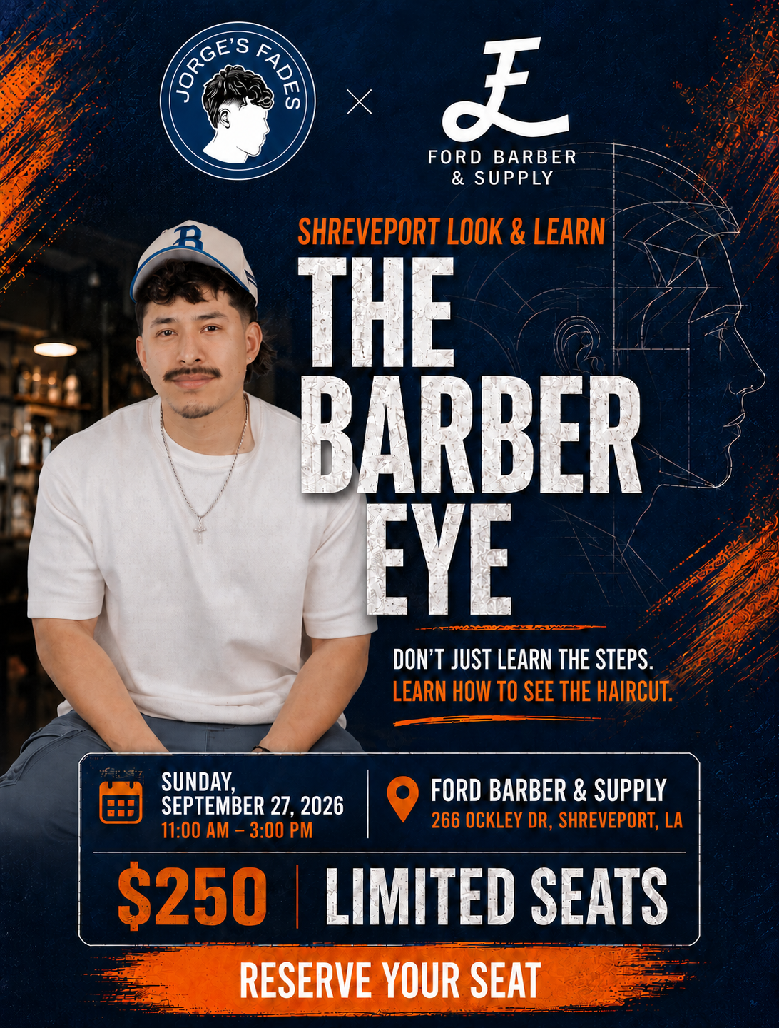 The Barber Eye Shreveport Look and Learn event flyer featuring Jorge's Fades and Ford Barber & Supply.
